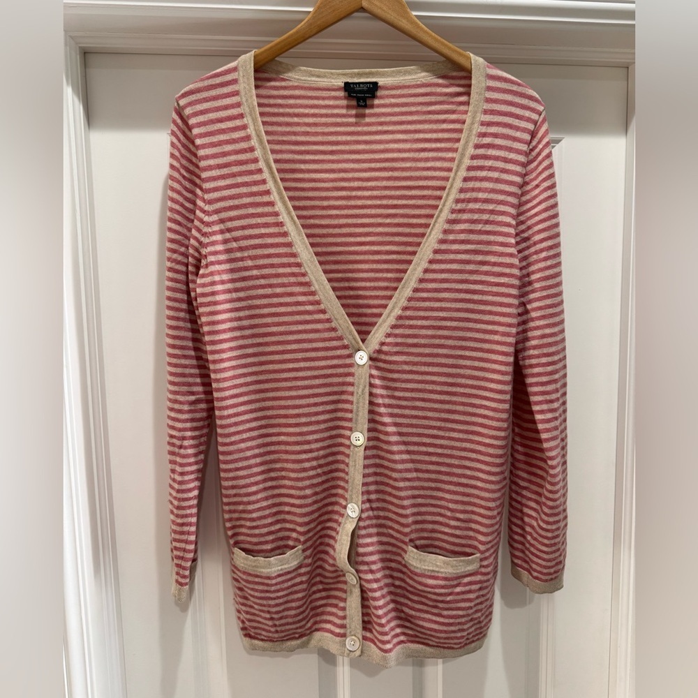 Talbots Boyfriend Sweater Button Down Cardigan Italian Merino Wool Beige Pink L